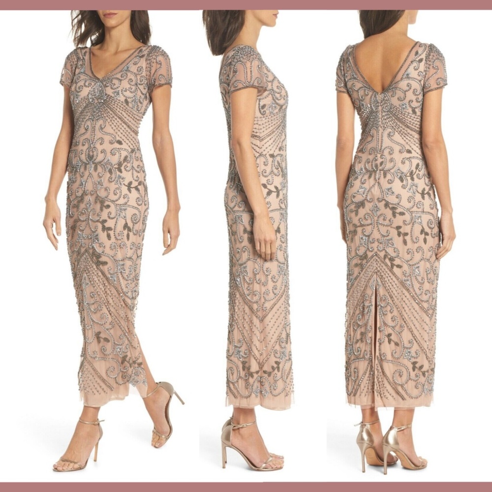 NEW $238 Pisarro‎ Nights Beaded Longline Gown in Rose Nude [SZ 6 ]